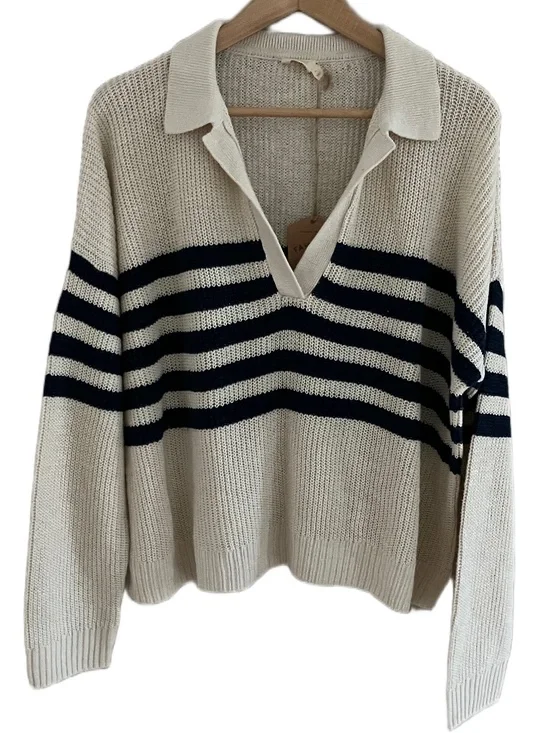 Faherty Women's Miramar Linen Polo Sweater Size L NWT Ocean Stripe - Picture 6 of 11